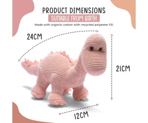 Pastel pink knitted diplodocus dinosaur baby toy with long neck.